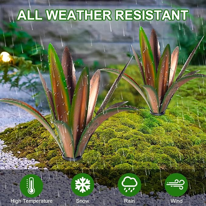TOMBABY Enlarge Thickened Wind Resistant Metal Agave Garden Art Plant Country Sculpture Statue Outdoor Decoration Courtyard Lawn Ornament Gift (12 Leaves Green 1 pcs)
