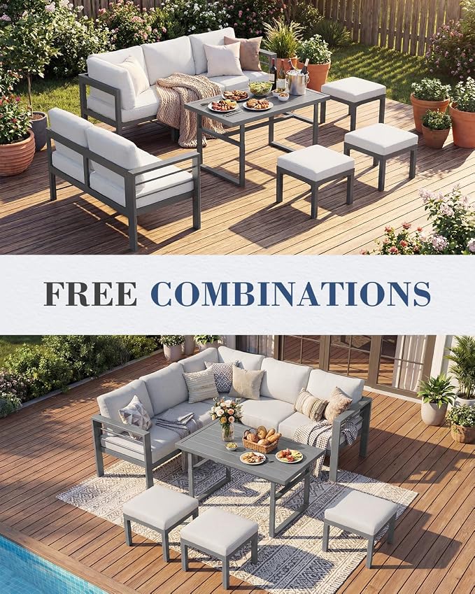 AECOJOY Aluminum Patio Furniture Set, 8 Seats Modern Outdoor Furniture with Adjustable Table, 7 Pieces Metal Conversation Sectional Sofa, Light Gray