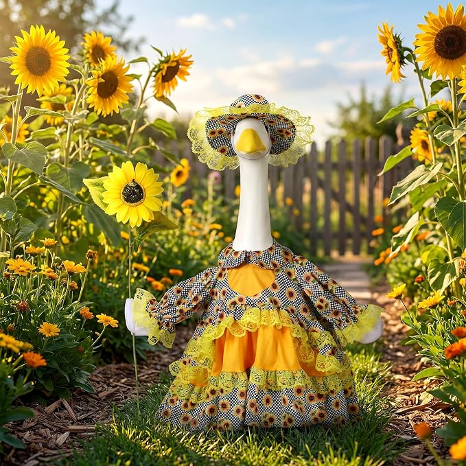 Soulchen 1 Set Sunflower Porch Goose Outfit 23 Inch Summer Cement Goose Clothes Dress and Hat Costume Set for Summer Fall Garden Yard Decor