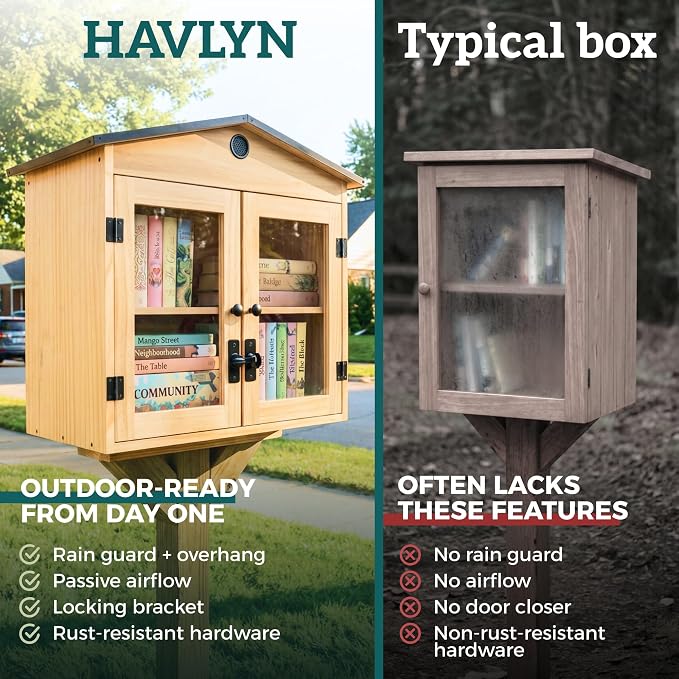 HAVLYN Little Library Box Outdoor Kit β Solid Wood Free Little Library with Metal Roof β Weather Resistant Blessing Box for Community Sharing