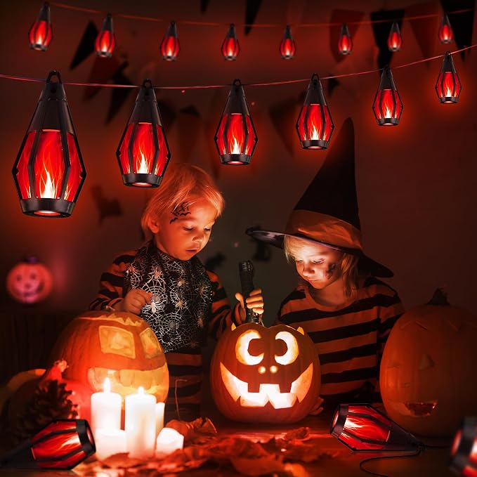 iBaycon 42FT 15 LED Solar Flame Halloween String Lights Outdoor, Red | Ultra-Real Flickering Flame Lamp Outdoor Waterproof, Solar Patio String Lights for Garden Yard Lawn Halloween Decorations