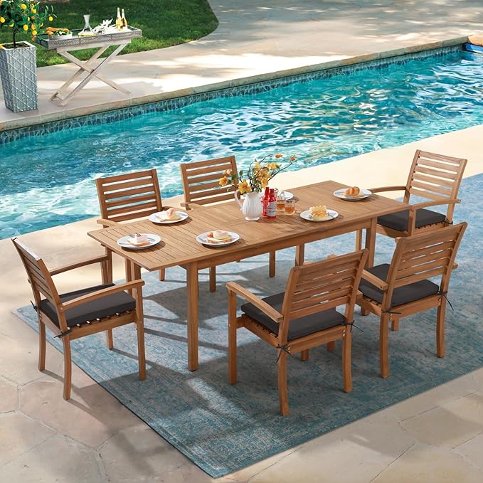 OC Orange-Casual 7 Piece Patio Dining Set, Outdoor Acacia Wood Furniture Set, Extendable Rectangular Table and 6 Stackable Chairs w/Removeable Fabric Cushion, Dark Grey Cushion