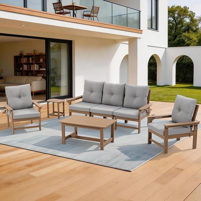 HDPE 7 Piece Patio Furniture Set, Outdoor Sectional Sofa with Coffee Table, Side Table and Seat Cusions, Patio Conversation Set for Party, Backyard, Porch, Deck, Poolside, Brown & Grey