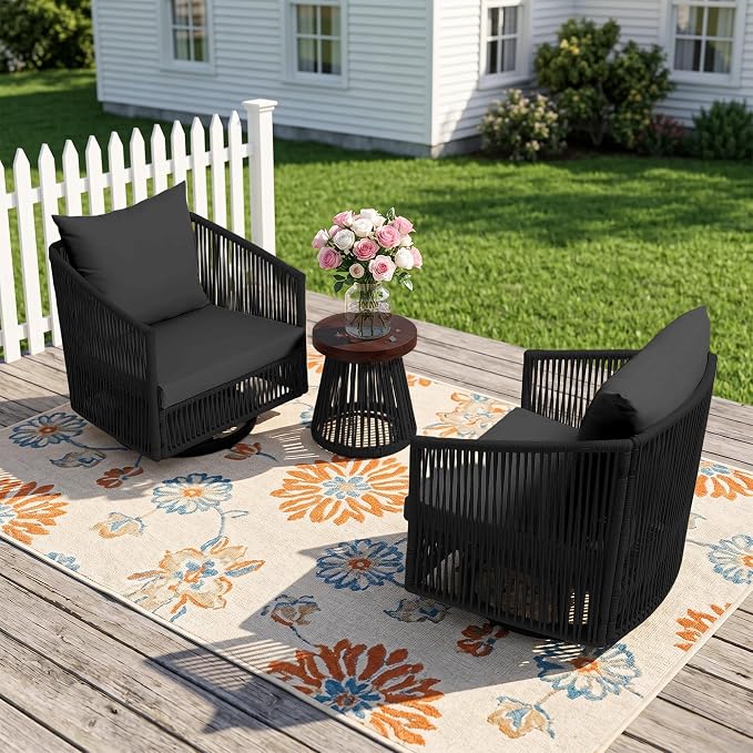 Outdoor Patio Furniture Set, 3 Pieces Outdoor Swivel Chairs with Coffee Table and Thick Cushion, Pe Wicker Rope Furniture Set for Entertaining, Balcony, Garden, Poolside, Gray