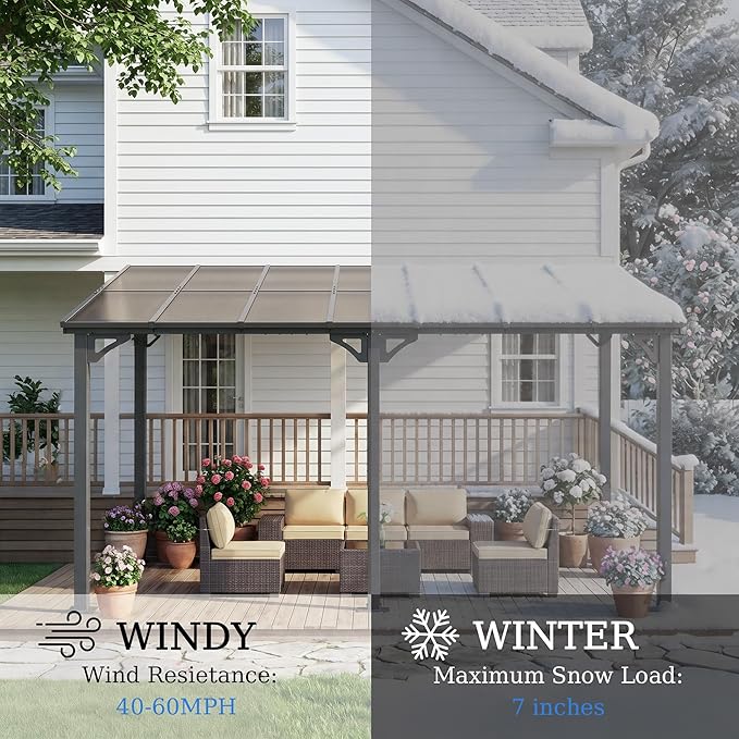 ALAULM 8'x 5' Outdoor Hardtop Pergola,Wall Mounted Lean to Gazebo with Sloped Sun Panel Roof,Galvanized Metal Frame,Sunshade for Patio, Backyard, Deck and Poolside