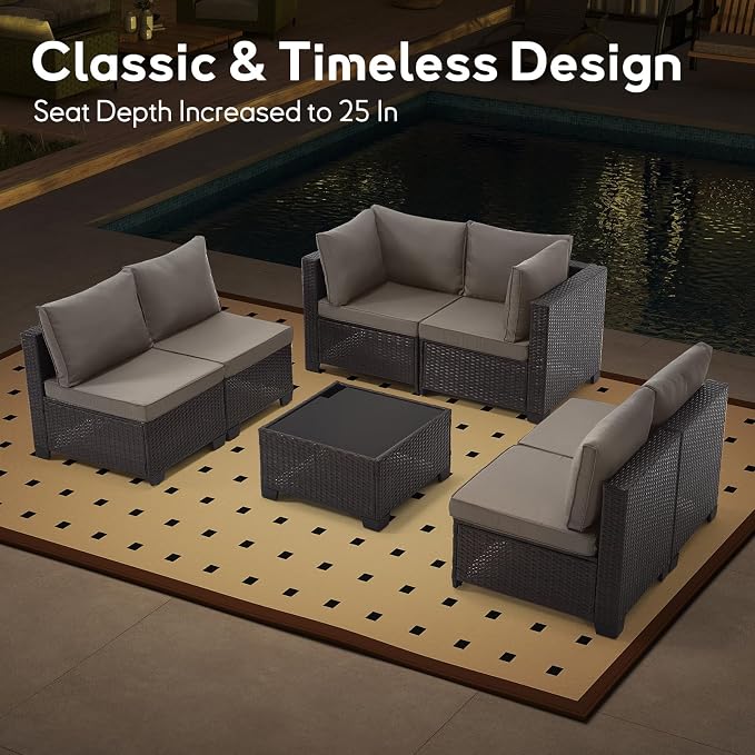 Bonzy Home 7 Pieces Outdoor Patio Furniture Set, PE Rattan Outdoor Sectional Furniture Sofa Set with Removable Cover and Glass Coffee Table, Patio Sofa for Balcony, Porch, Garden, (Brown-Grey)