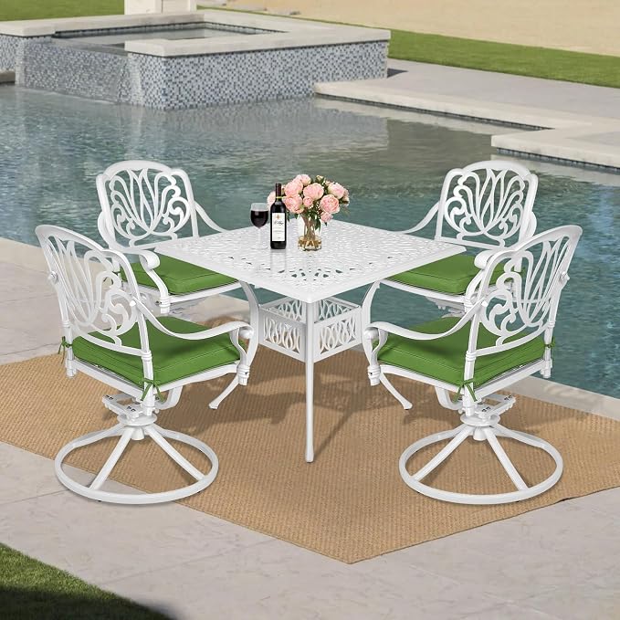 MEETWARM 5-Piece Outdoor Patio Dining Set, All-Weather Cast Aluminum Patio Conversation Set for Backyard Garden Deck with 4 Cushions Swivel Rocker Chairs and 35.4" Square Table, White
