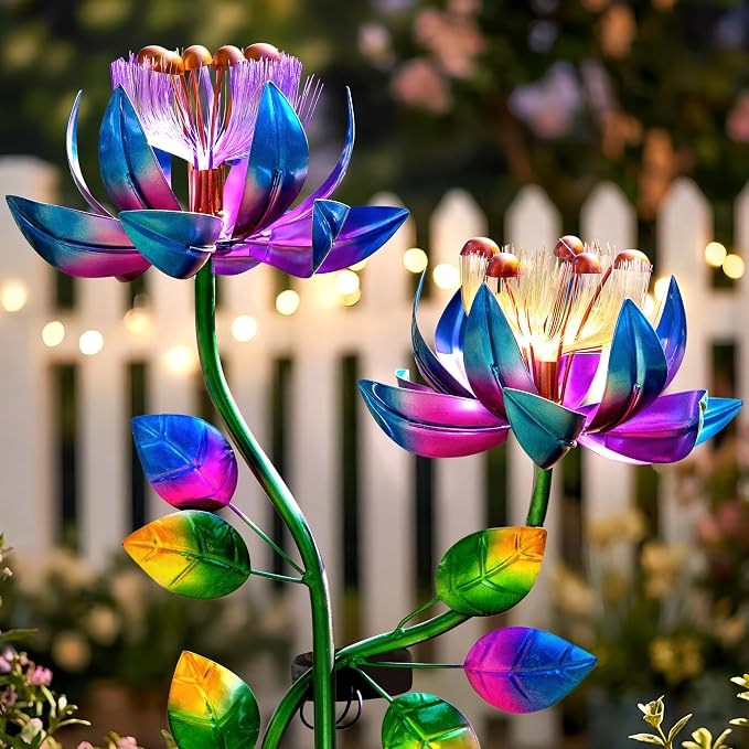 Solar Wind Spinner Outdoor Metal Garden Decor โ 2-in-1 Kinetic Double Lotus Flower Stake with Glowing Fiber Optic Lights, Multi-Color Spinning Yard Art Sculpture for Patio, Lawn, and Pathway