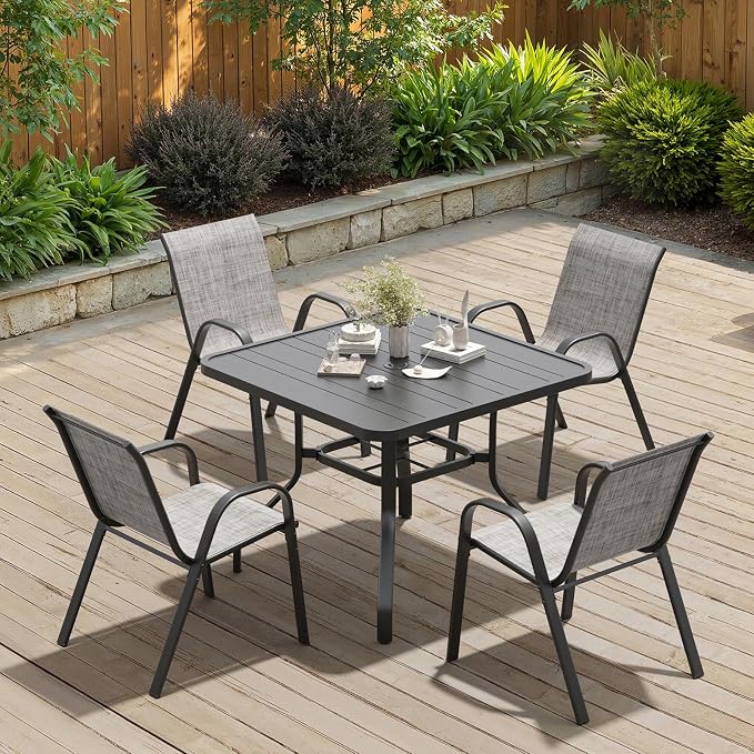 Soohow 5-Piece Outdoor Dining Set, Outdoor Patio Table and Chairs Set, 4 x Stackable Chairs & 1 x Outdoor Table with Umbrella Hole, All-Weather Patio Dining Sets for Poolside, Backyard and Porch