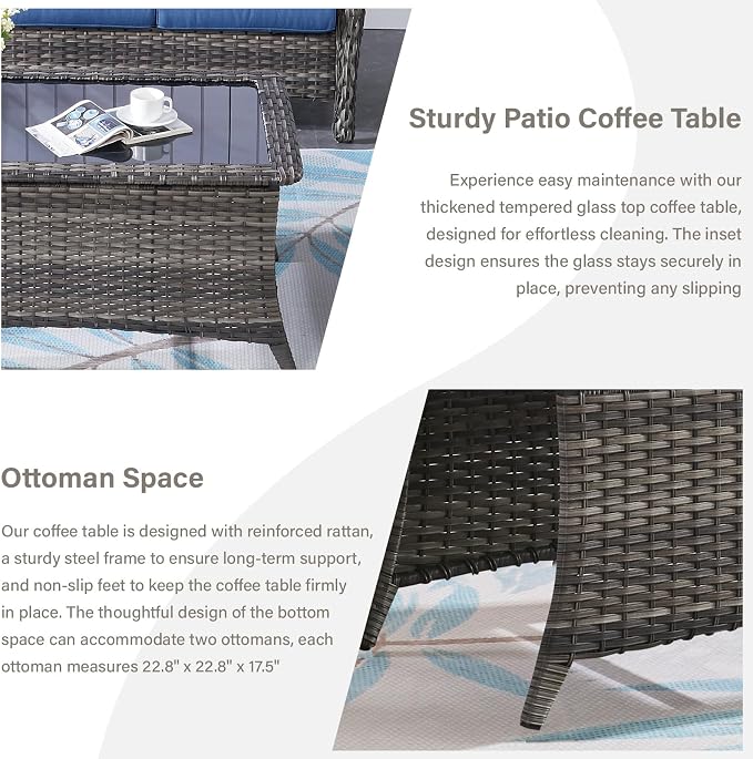 Belord 4 Piece Patio Wicker Furniture Set, Outdoor Swivel Rocker Chairs, All Weather Outdoor Patio Loveseat with Cushion and Coffee Table for Deck Porch, Gray Wicker/Blue