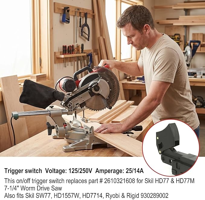 SW77 20A Amp Trigger Switch, Replaceable for Skil HD77, HD77M, HD5525, HD5550, HD5575, HD5657, HD5660, 5825, Compatible with Bosch B5610, 1658, 1677M, 1678A Chainsaw Switches