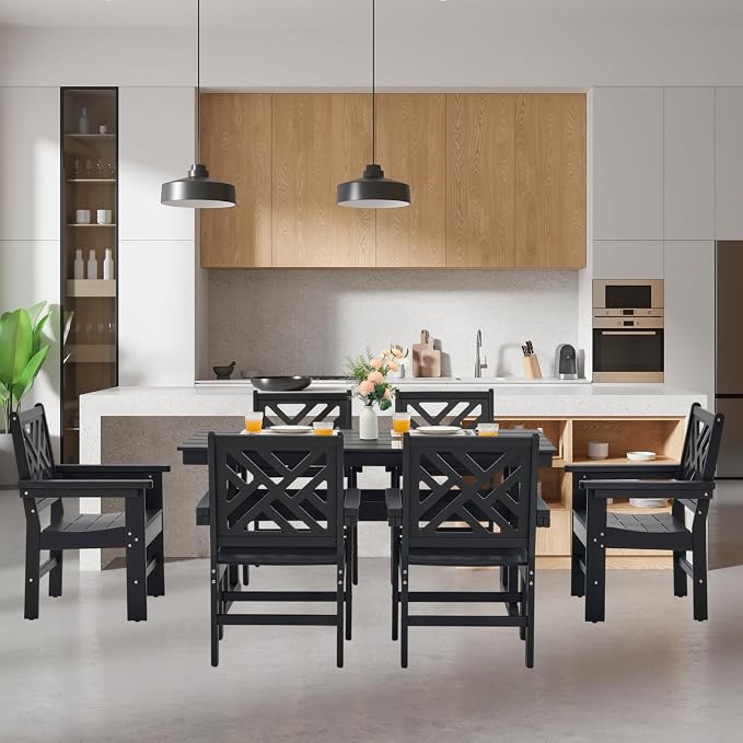 HDPE Dining Table Set for 6,7-Piece Outdoor Table and Chairs Include 6 Dining Chairs and 62.5" Patio Dining Table with Umbrella Hole (Black)