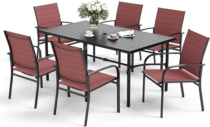 SUNSHINE VALLEY 7 Piece Patio Dining Set for 6, Rectangular Steel Dining Table with Umbrella Hole and Metal Frame 6 Chairs, Outdoor Table and Chairs Set for Lawn Backyard and Deck, Red