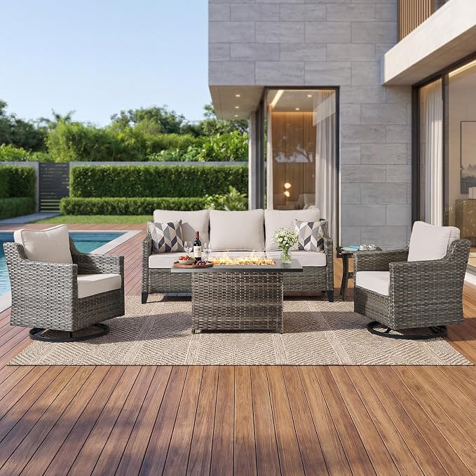 Luxury Patio Furniture Fire Pit Table Set - 5 Pieces All Weather Wicker Outdoor Couch and High Back Swivel Rocker Patio Chairs with fire pit for Deck Yard and Poolside Gray Wicker | Beige Cushions