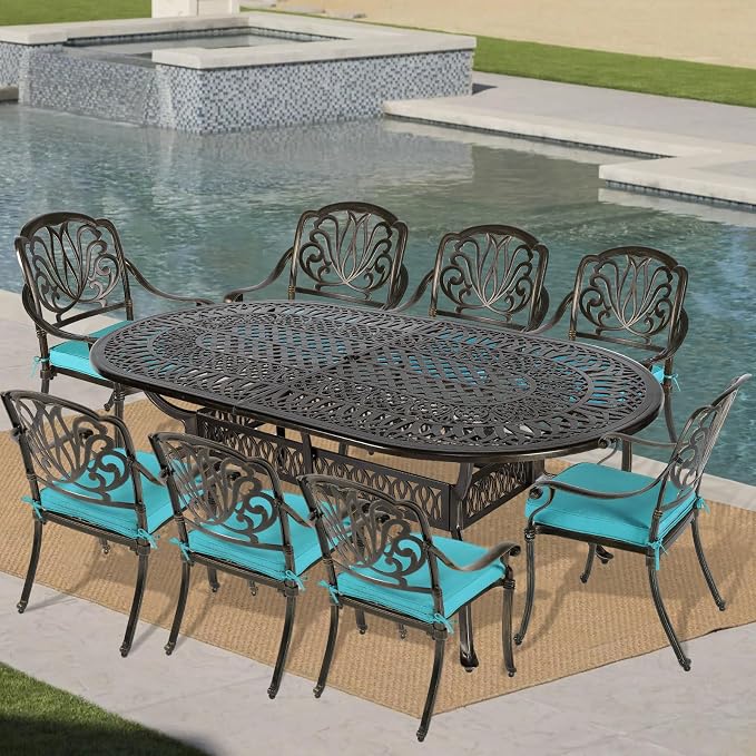 VIVIJASON 9-Piece Outdoor Furniture Dining Set, All-Weather Cast Aluminum Patio Conversation Set, Include 8 Cushioned Chairs and an Oval Table with Umbrella Hole for Lawn Backyard, Ocean Blue Cushion