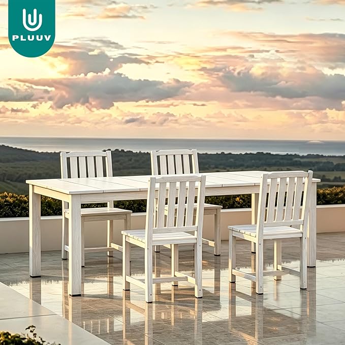PLUUV 5-Piece Outdoor Dining Set – HDPE Patio Furniture with Aluminum Table, Umbrella Hole, and 4 Armless Chairs, All-Weather Resistant for Garden & Backyard, White