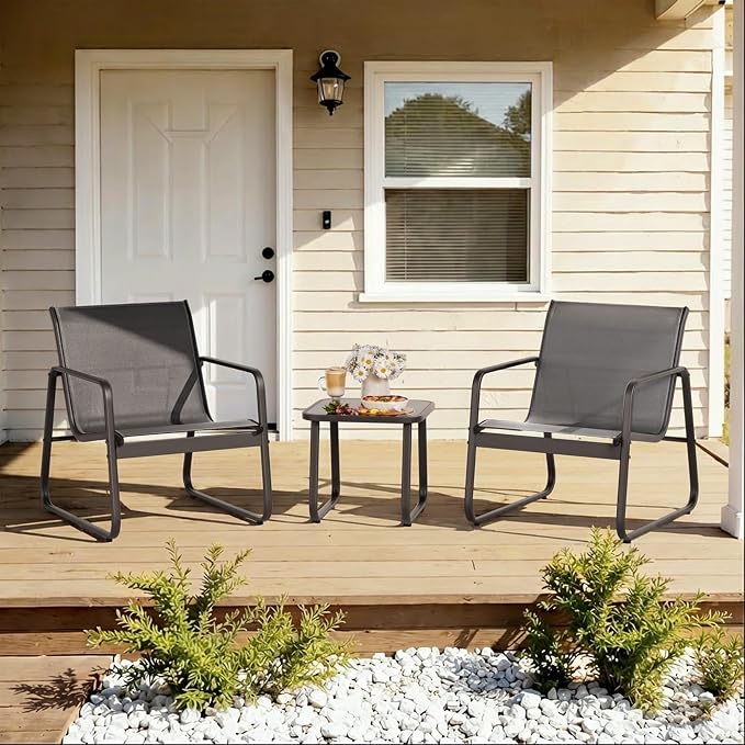 Gizoon Patio Chairs Set of 2, 3 Piece Patio Furniture Set, Bistro Sets,with Textilene Fabric, Metal Frame Coffee Table, Outdoor Chairs Set, for Balcony, Backyard,Lawn, Garden, Poolside, Grey