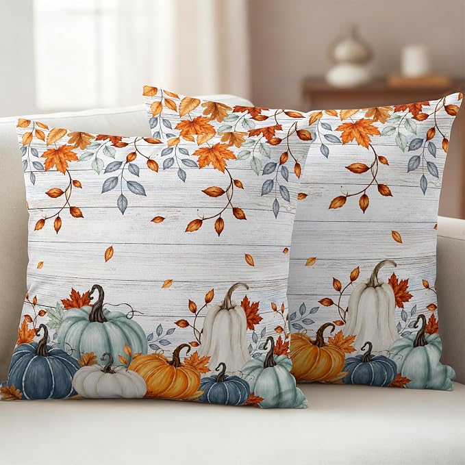 Fall Waterproof Outdoor Pillow Covers 26''x26'' Set of 2, Thanksgiving Maple Leaf Branch Vintage Wooden Patio Cushion Covers for Chairs,Decorative Blue Green Pumpkin Pillow Cases for Garden/Pool/Beach