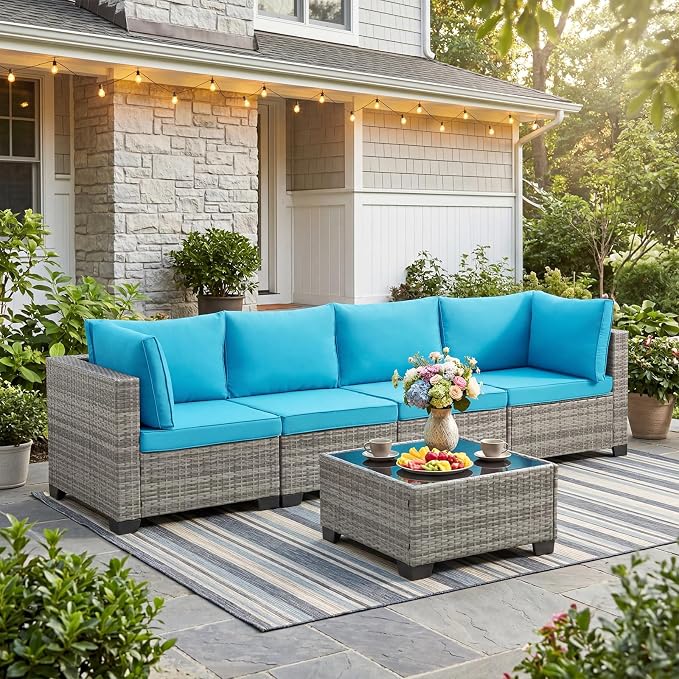 ANJ 5 Piece Outdoor Wicker Patio Furniture Set, Modular Loveseat Sofa with with Glass Top Coffee Table, All-Weather Rattan Conversation Couch Set for Balcony, Backyard, Light Grey Wicker-Turquoise