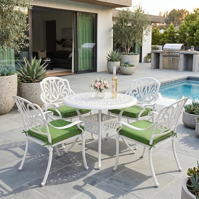 VIVIJASON 5-Piece Patio Furniture Dining Set, All-Weather White Cast Aluminum Outdoor Conversation Set, Include 4 Cushioned Chairs and a 35.4" Round Table w/Umbrella Hole for Balcony Lawn Garden