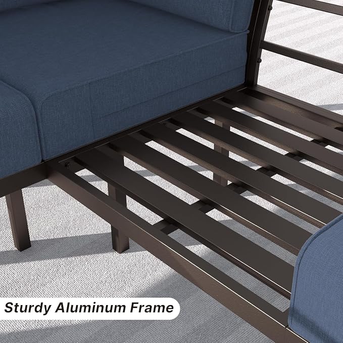Gotland Aluminum Patio Furniture Set with Rectangular Coffee Table, Metal Patio Furniture with 5 Seats Waterproof 5.1'' Seat Cushions, Outdoor Sectional Patio Conversation Sets for Balcony Navy