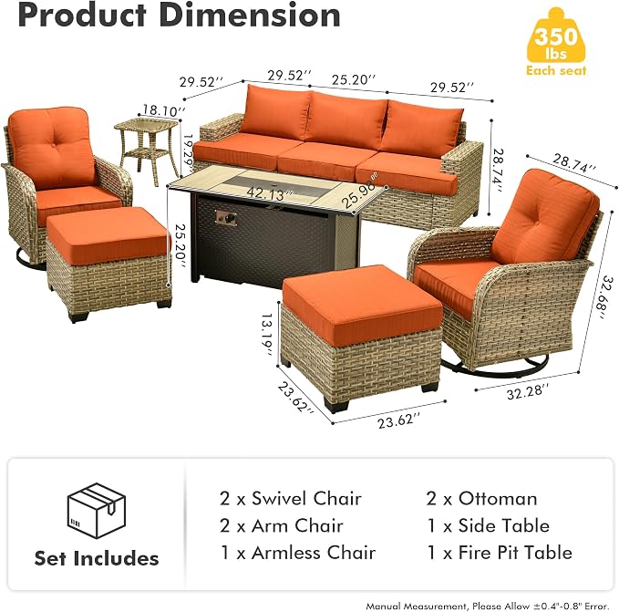 HOOOWOOO Sectional Patio Furniture Set with Fire Pit Table,9 Pieces Wicker Outdoor Furniture Couch,Outside Conversation Set Extra Deep Seat Sofa Wide Rocking Chairs Ottomans Arm Solar Table,Brick Red