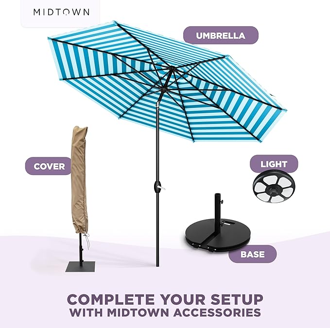 Midtown Umbrellas - 10-Year-No-Fade 10 Ft Patio Umbrella with Terylast Fabric, Auto-Tilt Aluminum Frame and 8 Reinforced Ribs for Deck, Pool, Garden & Beach - Blue/White Stripes Canopy, Black Pole