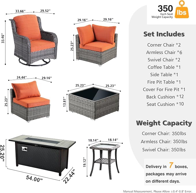HOOOWOOO Outdoor Patio Furniture with Fire Pit Set 13 Pieces Patio Set with Fire Pit Wicker Outdoor Furniture with Fire Pit Table Set Patio Sectional Set with Swivel Chair,Orange Red