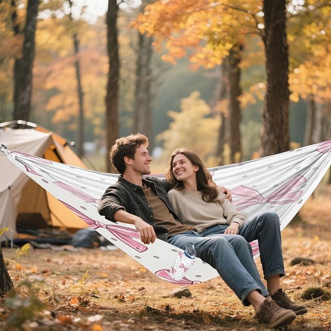 Bow Pink Camping Hammock, Portable Lightweight Single Hammock with Tree Straps and Aluminum Carabiners, 114" x 54" Travel Hammock for Hiking Backpacking Beach