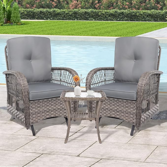 3-Piece Patio Wicker Conversation Bistro Set, All-Weather Gliding Rocking Chairs with Thickened Cushions and Glass Top Table, Outdoor Rattan Furniture Sets for Porch Garden, Gray