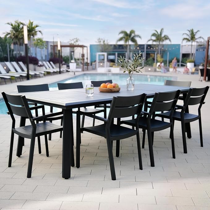9-Piece Aluminum Outdoor Dining Set with Stackable Armchairs | 82" Large Rectangular Patio Table Rust Proof Outdoor Furniture with Umbrella Hole for Lawn Garden Deck