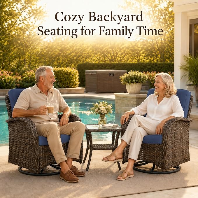HUMMUH 3-Piece Patio Swivel Rocker Chairs Set with Glass Side Table | 360 degree swivel gliding, 4-inch thick sponge cushions, 250 lbs weight capacity, hand-woven pe wicker