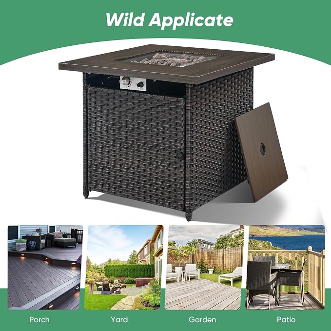 Belord 5 Pieces Wicker Patio Furniture Set: 4 Outdoor Club Chairs Patio Conversation Set with 50000BTU Propane Fire Pit Table, All Weather Brown Rattan Anti-Rust Frame, Beige Cushion