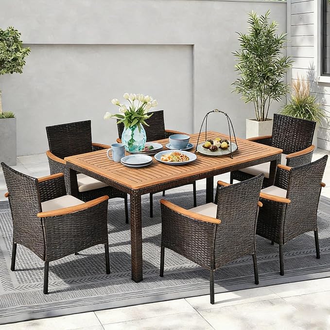 COSTWAY 7-Piece Patio Dining Set for 6, Outdoor Rattan Wicker Table and Chairs Furniture Set with Umbrella Hole, Acacia Wood Tabletop for Backyard, Balcony, Poolside, Black & Beige