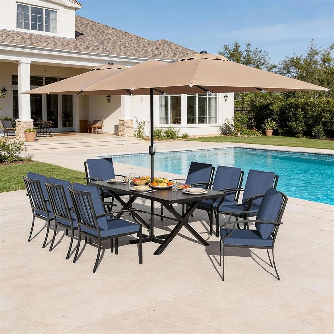 10-Piece Patio Dining Set,Metal Outdoor Furniture Set Includes 13.6FT Sand Umbrella,Hole Cut-Out 78.7" x 35.4" Table and 8 Metal Backrest Chairs for Backyard,Garden,Navy