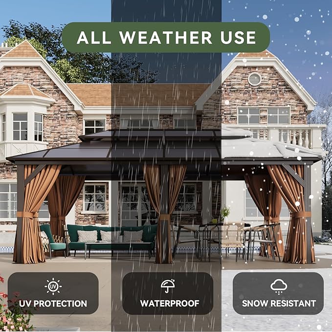 Aoxun 12'x20' Hardtop Gazebo, Outdoor Metal Gazebo with Double Polycarbonate Roof Canopy, Permanent Pavilion with Netting and Curtains for Lawn, Garden, Patio (Khaki)