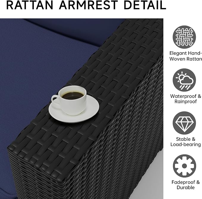 Patio Conversation Sets (Black Brown Rattan & Navy Blue Cushions, 5 Pieces)