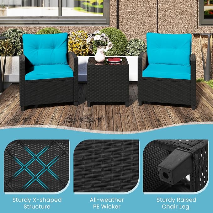 ORALNER 3 Pieces Patio Furniture Set, Wicker Conversation Set Outdoor Chairs with Cushions, Glass Coffee Table, Rattan Bistro Set for Front Porch Balcony Garden Deck Poolside (Turquoise)