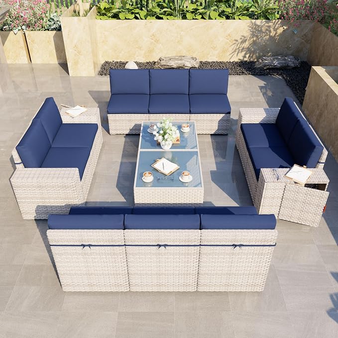 12-Piece Patio Furniture Set, Outdoor Extra Wide Armrest Modular Sectional Sofa, All-Weather Dual-Strand Rattan PE Wicker Conversation Set with Coffee Table for Porch Garden Balcony, Blue