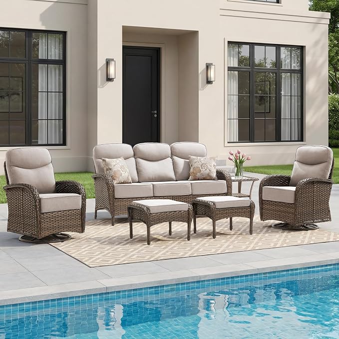 Outdoor Swivel Rocking Chair Patio Set (6-Piece), High-Back - Thick Cushion Swivel Rocking Chair Patio Set, All-Weather Wicker Patio Furniture Set, Suitable for Balcony Patios, Brown/Beige