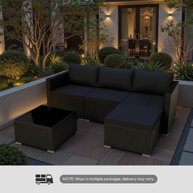 WWR Patio Furniture Set- All-Weather, Thick Cushions & Wide Armrests -5 Piece Outdoor Patio Conversation Couch Sets, Wicker Rattan Outdoor Sectional Sofa for Garden, Patio, Poolside