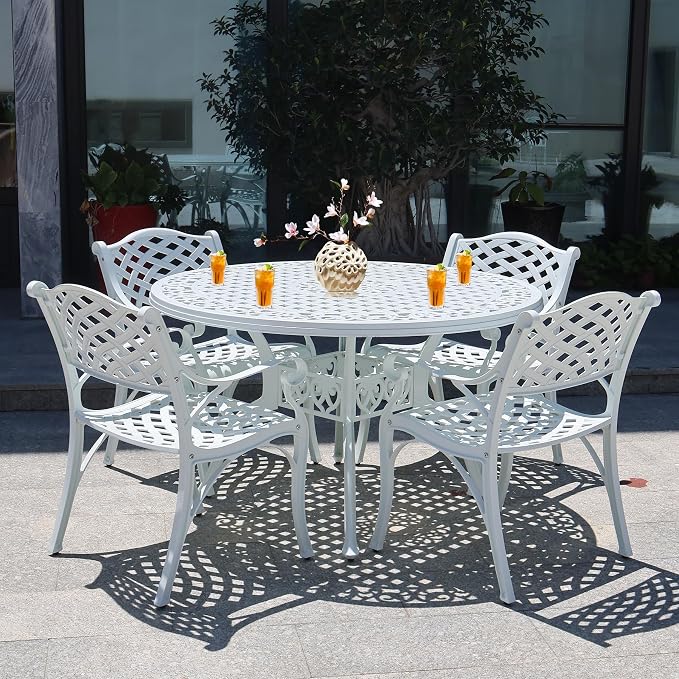 7 Pieces Cast Aluminum Outdoor Dining Set, Round 48" Dining Table with 2.36" Umbrella Hole and 6 Armchairs,All-Weather Patio Bistro Dining Set Outdoor Furniture Set for Patio, Balcony,White