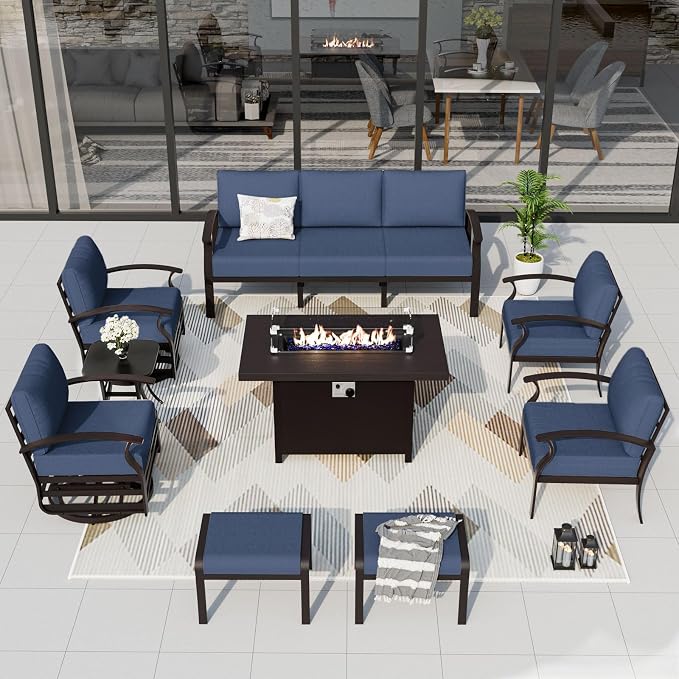 ALAULM Aluminum Patio Furniture Set with Propane Fire Pit Table 9-seat Metal Outdoor Furniture w/Swivel Chairs Patio Sectional Sofas w/2 Ottomans for Porch, Backyard, Poolside-Dark Blue