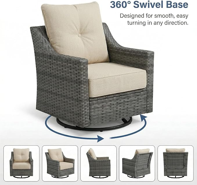 3-Piece Outdoor Patio Furniture Set, Grey Wicker Conversation Set with 2 Swivel Chairs and Side Table, 6-Inch Beige Olefin Cushions for Porch, Deck, Balcony