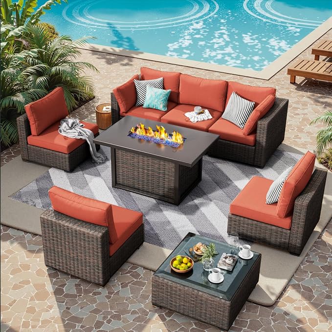 8 Piece Patio Furniture Set with Fire Pit Table All Weather PE Rattan Outdoor Sectional Sofa Couch with No-Slip Cushions and Glass Top Table for Garden, Poolside, Backyard (Red)