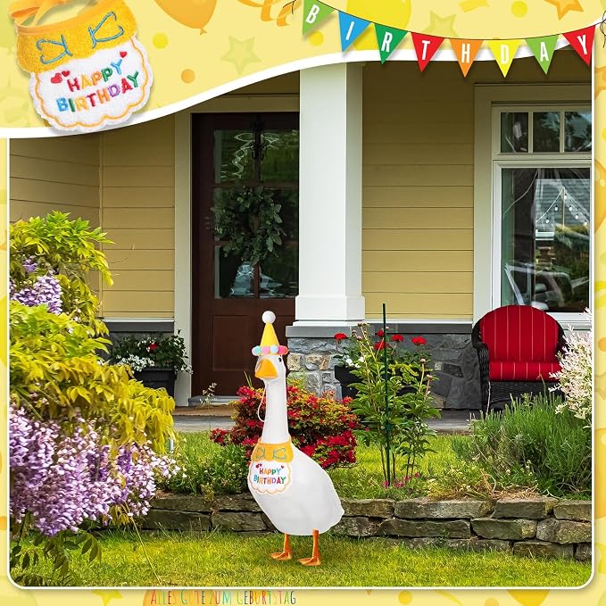 Abbylike Happy Birthday Goose Outfit Lawn Porch Goose Outfits with Party Hat Bandana for 23" 17" Cement Plastic Duck Decor(Yellow)