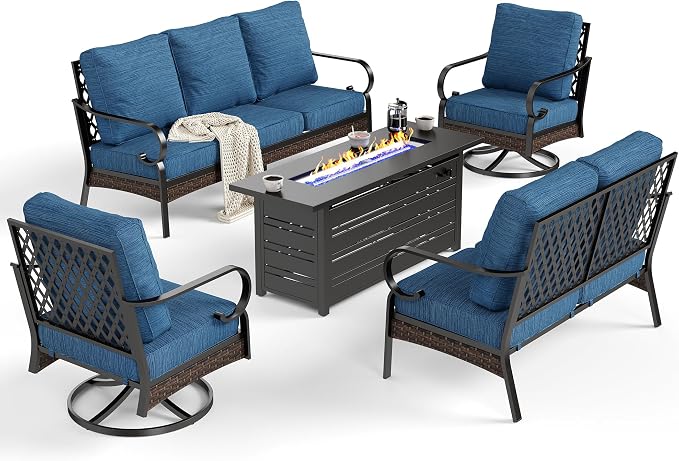 SUNSHINE VALLEY 5 Piece Metal Outdoor Patio Furniture Set with Firepit Table, Patio Conversation Sets 1 3-Seater Sofa, 1 2-Seater Loveseat, 2 Swivel Chair with 5.75" Cushion for Backyard Deck, Blue-2