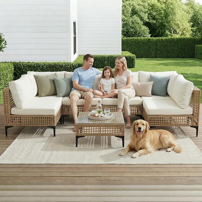 7 PCs Outdoor Patio Furniture All Weather Wicker Rattan Sectional Conversation Sofa Set w/Water Resistant Cushions, Coffee Table for Paito, Lawn, Garden, Beige