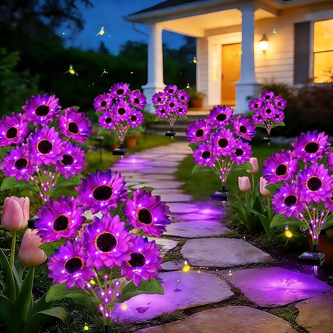 ANGMLN Solar Garden Lights 4 Pack 24 Solar Sunflower Lights, Waterproof Solar Purple Flower Light for Outdoor Decoration, Decorative Stakes for Yard,Landscape,Patio,Gifts for Women