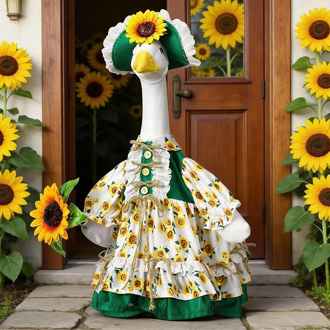 Soulchen 1 Set Sunflower Porch Goose Outfit 23 Inch Summer Cement Goose Clothes Dress and Hat Costume Set for Summer Fall Outdoor Holiday Garden Yard Decor